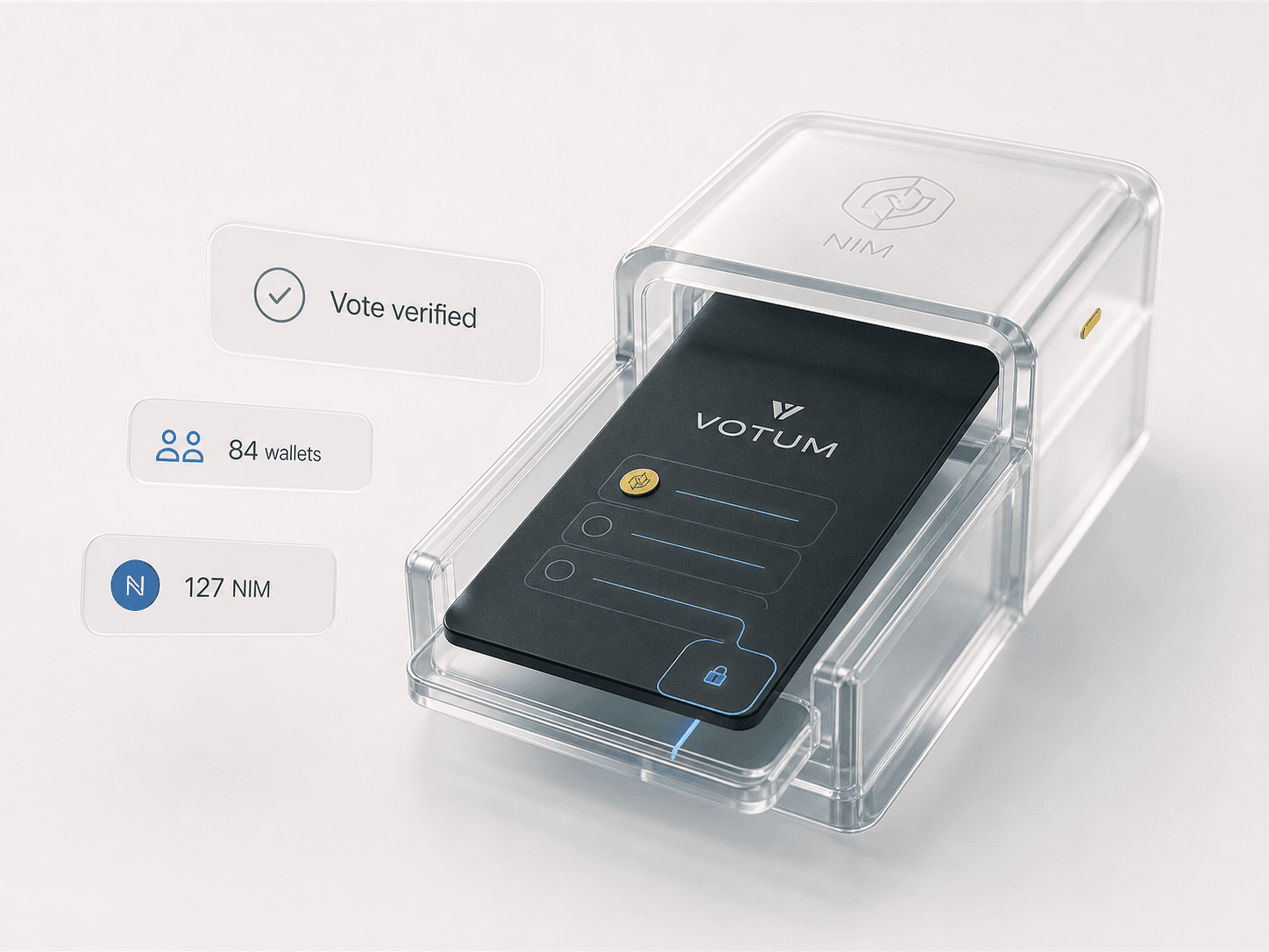 A 3D Votum proof ballot entering a transparent verification chamber with vote proof cards.